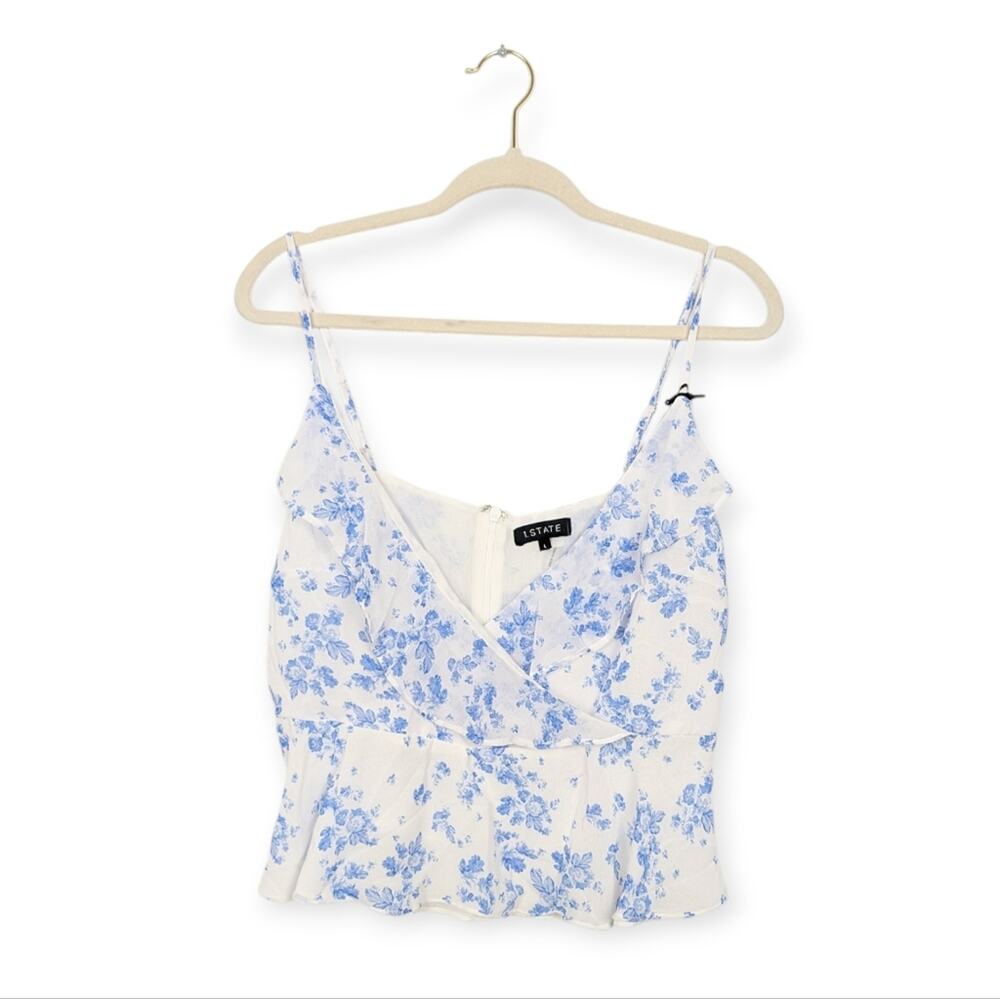 NWT 1. State White & Blue Floral Flounce Cami Tank Top Size L